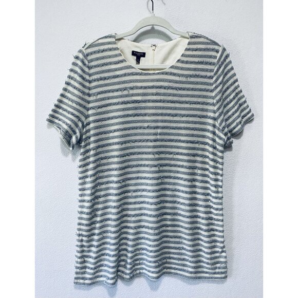 Talbots Top Womens 1X Gray Fringe Metallic Sequin Striped Short Sleeve Boho - Picture 1 of 6